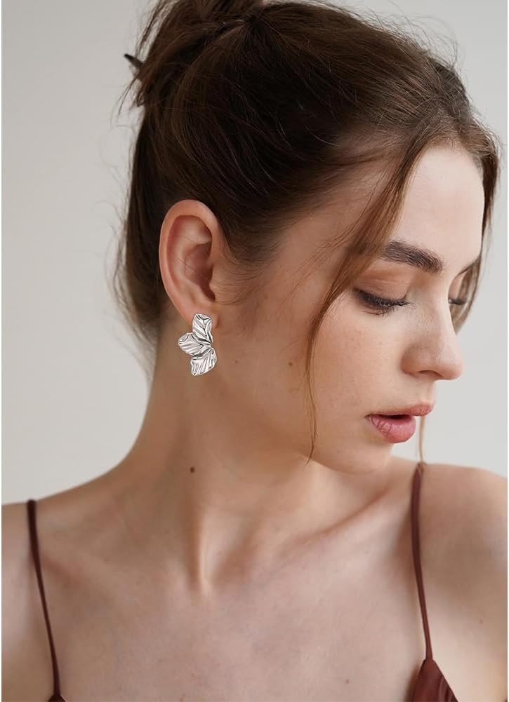 FAUTHENTICUTE Chunky Gold Statement Earrings For Women Gold Plated Sectored Flower Leaf Shell Angel Wing Earrings Large Stud Earrings Hypoallergenic Earrings - Image 3